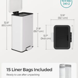 SONGMICS Kitchen Trash Can, 10.5 Gallon (40 L) Garbage Can, Large Step Trash Bin with Lid, Stainless Steel, Soft Close, 15 Trash Bags Included, White ULTB540W40