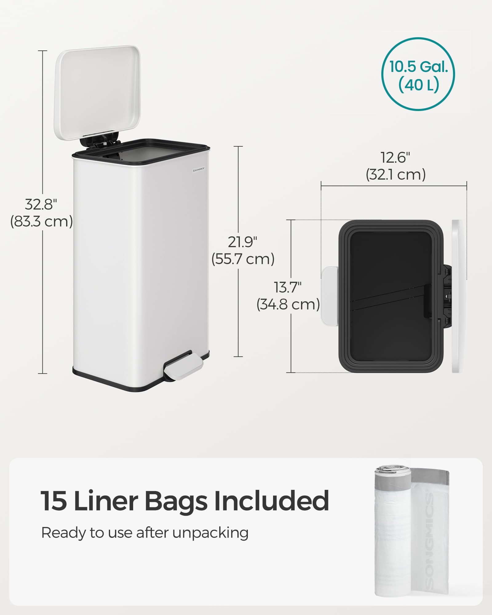 SONGMICS Kitchen Trash Can, 10.5 Gallon (40 L) Garbage Can, Large Step Trash Bin with Lid, Stainless Steel, Soft Close, 15 Trash Bags Included, White ULTB540W40