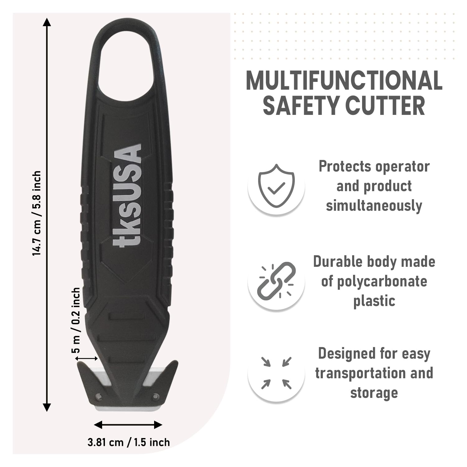 Safety Box Cutter. tksUSA here, your Cutter Stainless, Steel Package Opener. Pack Safety Knife Package Box Opener with Ergonomic Film Cutting Blade for Box, Carton, Shrink Wrap, Plastic Straps