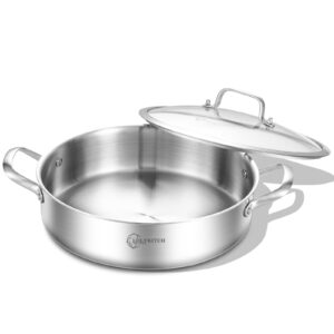 lolykitch 12 incn tri-ply stainless steel 6 qt sauté pan with lid,deep frying pan,large skillet,jumbo cooker,induction pan,dishwasher and oven safe.