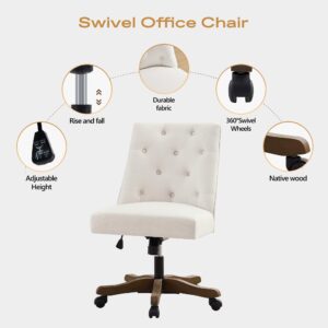 HUIMO Home Office Chair Upholstered Swivel Desk Chair with Wheels Chenille Fabric Adjustable Height Computer Chair with Wooden Legs Comfortable Armless Chair for Studio Study Home Office (Beige)