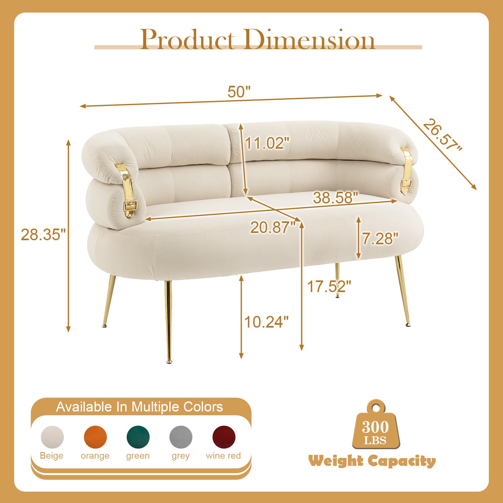 Antetek Modern Velvet Loveseat Sofa, Upholstered Sofa Chair with Stylish Golden Decor, Small Comfy Love Seat Leisure Accent Couch for Living Room, Bedroom, Office, Beige