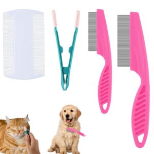 4pcs flea comb for cats and dogs, double-sided fine-tooth lice comb tear stain removal stainless steel and plastic multifunctional magic pet hair cleaning grooming tools brush(pink)