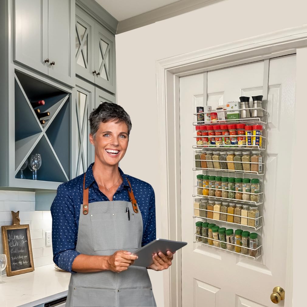 Evelots Over the Door Pantry Spice Rack Organizer -6 Tier -Holds up to 54 Spices- Adjustable Metal Baskets for Kitchen, Bathroom Storage & Organization (White) No Tool Easy Install