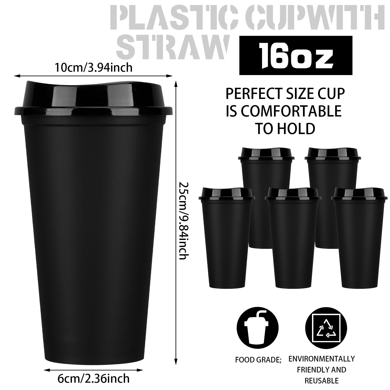 Domensi 15 Pack Reusable Plastic Coffee Cups, 16 oz, BPA Free, Travel Mug with Lid, Leak Proof, Spill Proof, for Hot and Cold Drinks (Black)