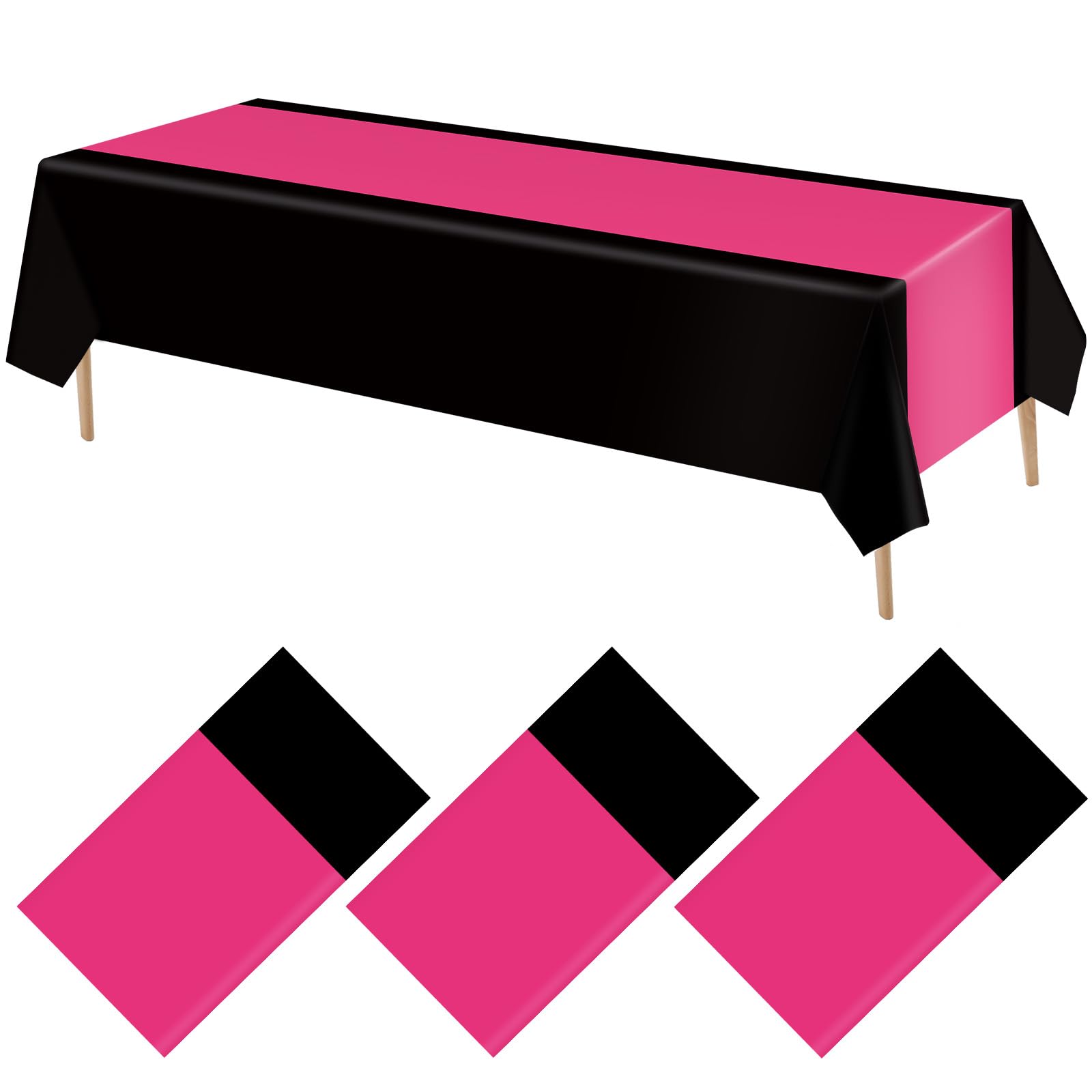 VitalCozy 3 Pack Disposable Plastic Tablecloth Plastic Table Runner Rectangle Table Covers for Wedding Birthday Party Decorations 51" x 108" (Hot Pink and Black)