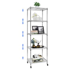 doredo 5 tier narrow wire shelving unit with wheels, adjustable narrow metal shelf with nsf certified, narrow storage shelves for laundry, garage, kitchen, pantry, 18" d x 24" w x 71" h, chrome