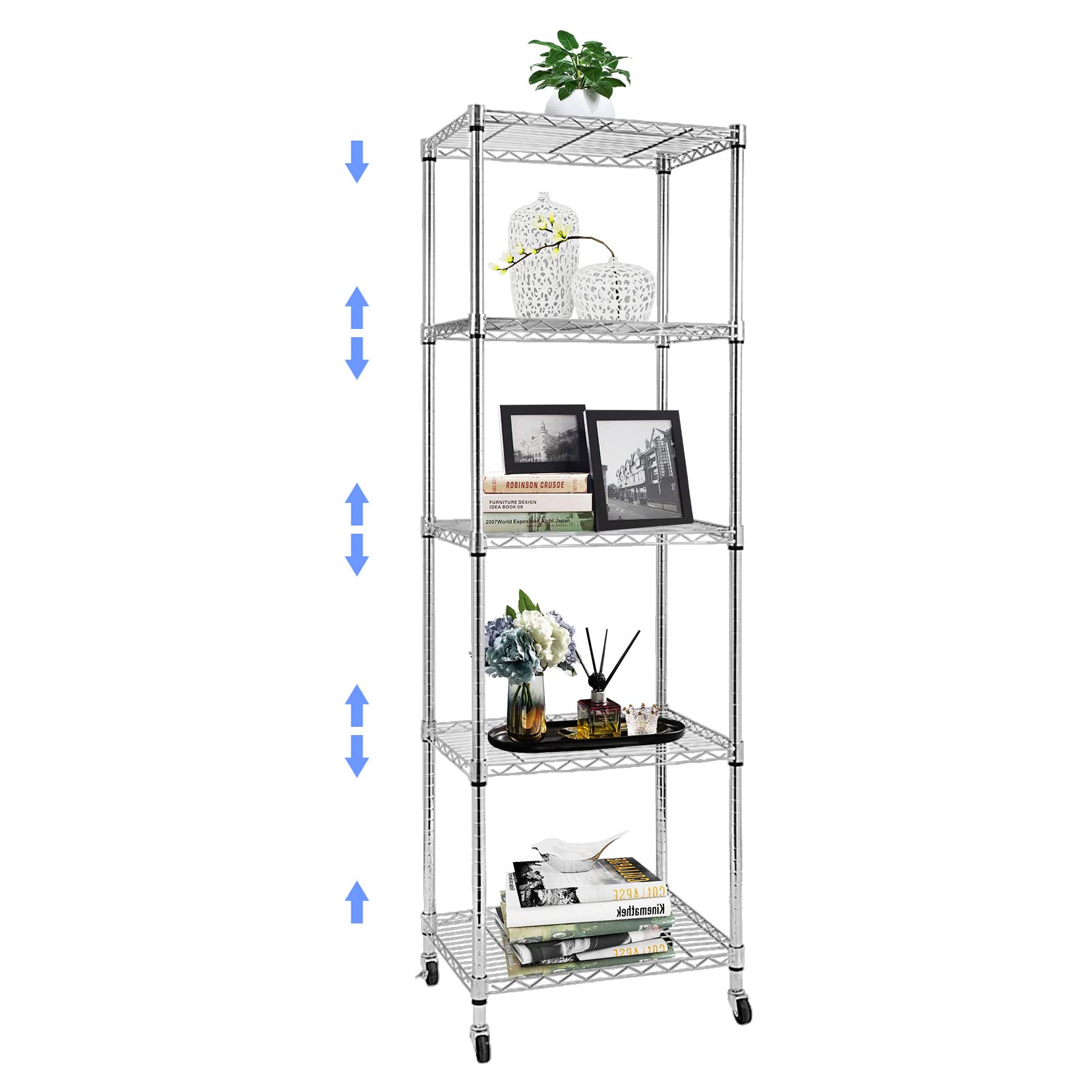 Doredo 5 Tier Narrow Wire Shelving Unit with Wheels, Adjustable Narrow Metal Shelf with NSF Certified, Narrow Storage Shelves for Laundry, Garage, Kitchen, Pantry, 18" D X 24" W X 71" H, Chrome