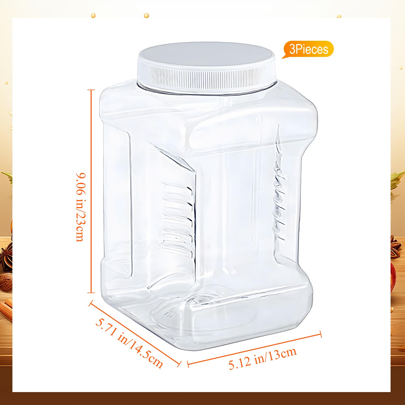 Ziliny 3 Pcs 1 Gallon Clear Plastic Jar with Lid Wide Mouth Square Screw Top Food Storage Containers, PET Plastic Empty Grip Jar Canisters for Candy Cookies Kitchen Food Safe(White Lid)