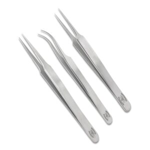 scientific labwares precision trio: 4.75-inch stainless steel tweezers with tapered fine point, curved very fine tips & ultrafine tapered tip - ultimate set for lab precision work