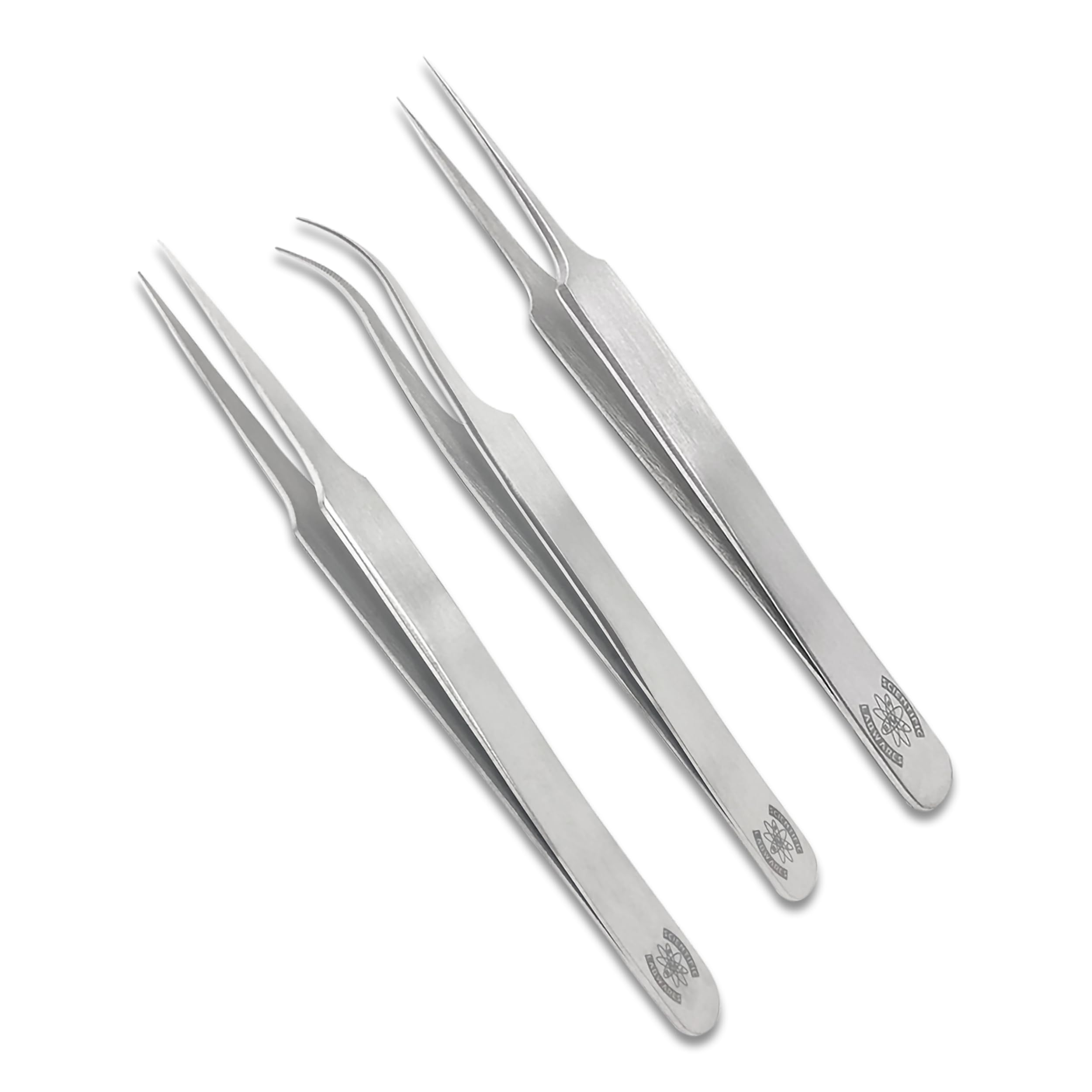 Scientific Labwares Precision Trio: 4.75-inch Stainless Steel Tweezers with Tapered Fine Point, Curved Very Fine Tips & Ultrafine Tapered Tip - Ultimate Set for Lab Precision Work