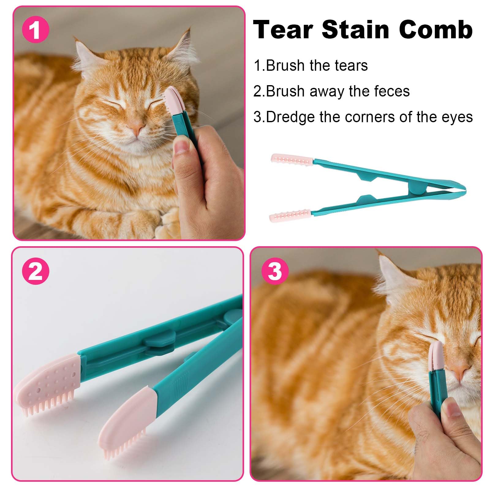 4pcs Flea Comb for Cats and Dogs, Double-Sided Fine-Tooth Lice Comb Tear Stain Removal Stainless Steel and Plastic Multifunctional Magic Pet Hair Cleaning Grooming Tools Brush(pink)