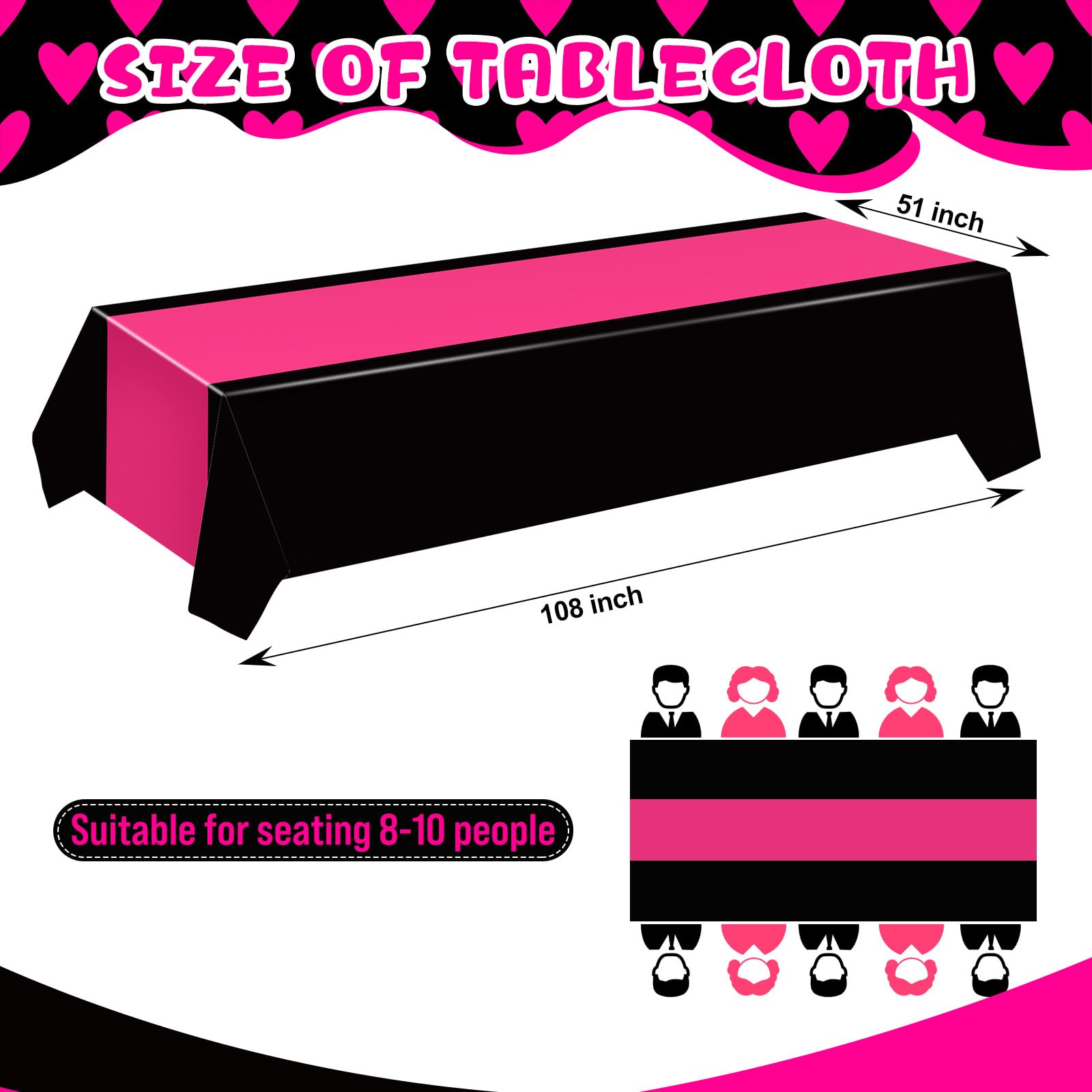 VitalCozy 3 Pack Disposable Plastic Tablecloth Plastic Table Runner Rectangle Table Covers for Wedding Birthday Party Decorations 51" x 108" (Hot Pink and Black)