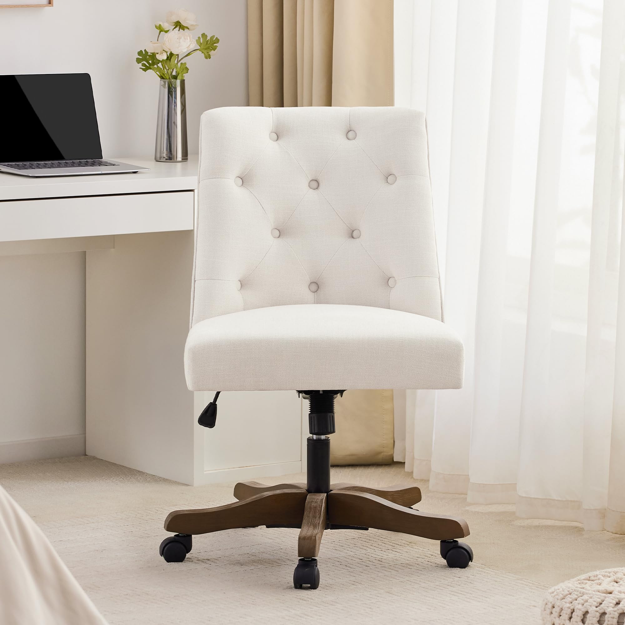 HUIMO Home Office Chair Upholstered Swivel Desk Chair with Wheels Chenille Fabric Adjustable Height Computer Chair with Wooden Legs Comfortable Armless Chair for Studio Study Home Office (Beige)