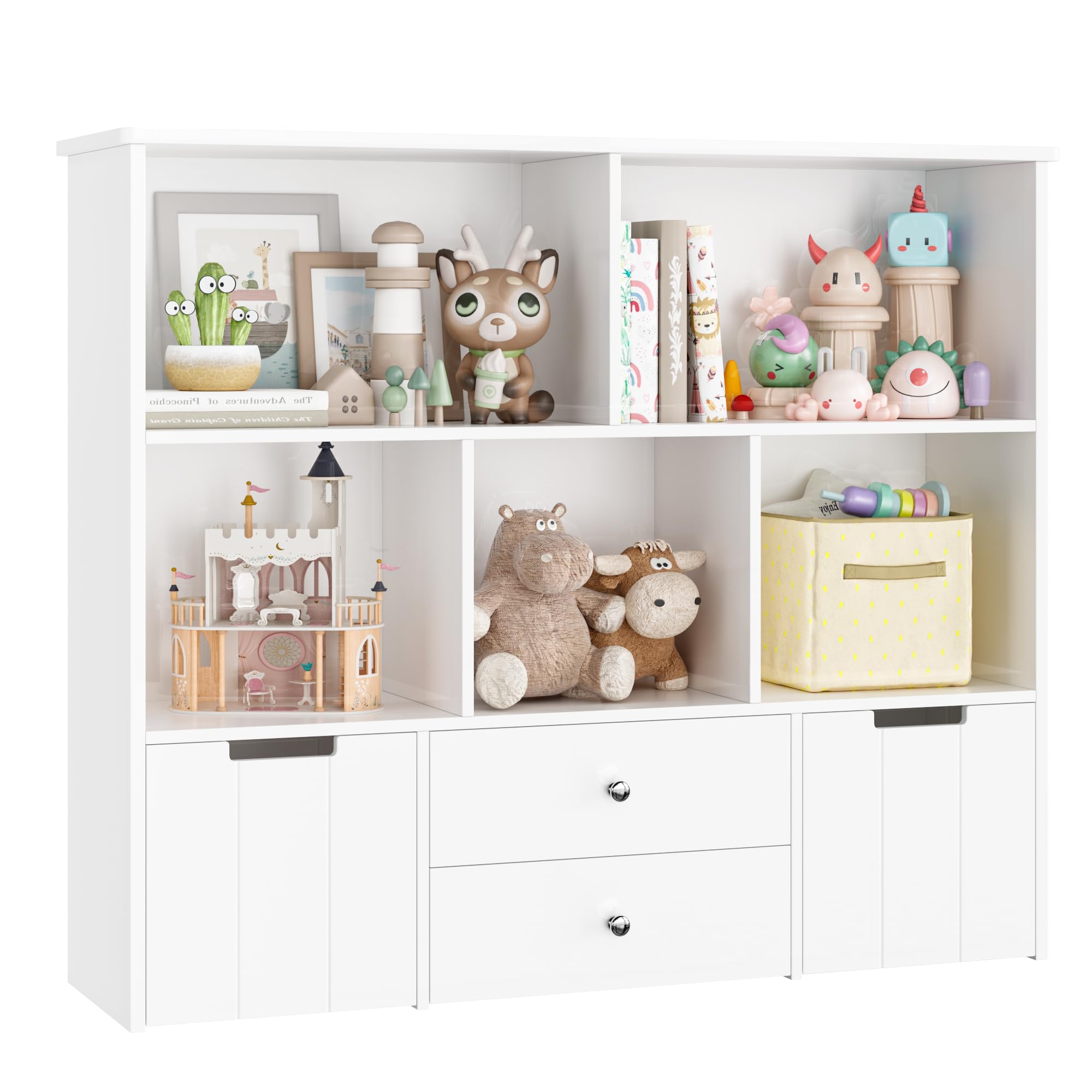 FOTOSOK Toy Storage Organizer with 4 Drawers, Toy Organizers and Storage with Concealed Wheels and 5 Storage Cubbies, Multifunctional Storage Chest Storage Organization, Playroom Furniture, White