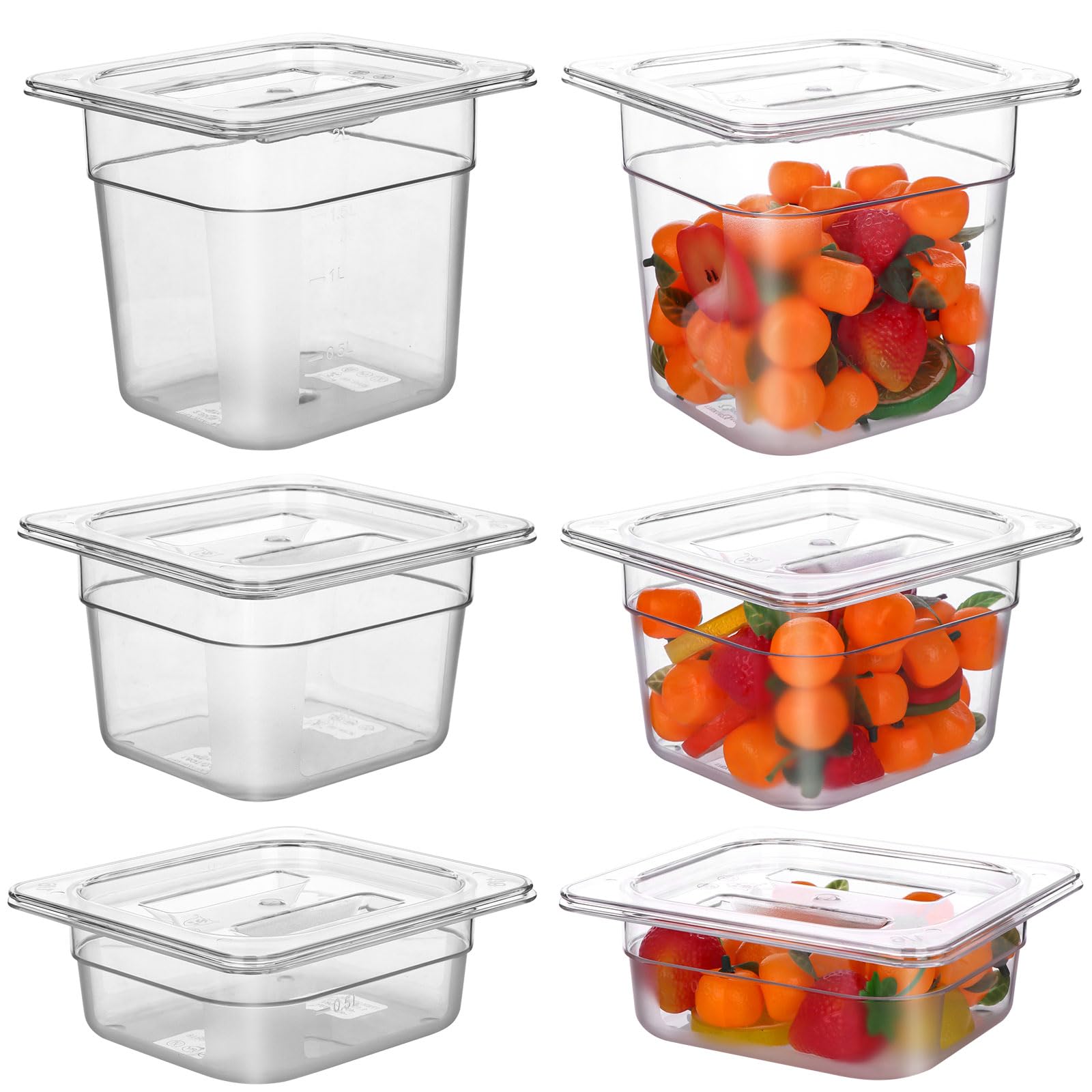 6 Pack 1/6 Size Clear Food Pans with Lids 2.5'' 4'' 6'' Deep Food Storage Containers Plastic Pan Lid with Handle Polycarbonate Universal Restaurant Commercial Hotel Pans for Food Fruits Vegetables