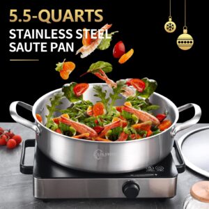 LOLYKITCH 12 Incn Tri-Ply Stainless Steel 6 QT Sauté Pan with Lid,Deep Frying pan,Large Skillet,Jumbo Cooker,Induction Pan,Dishwasher and Oven Safe.