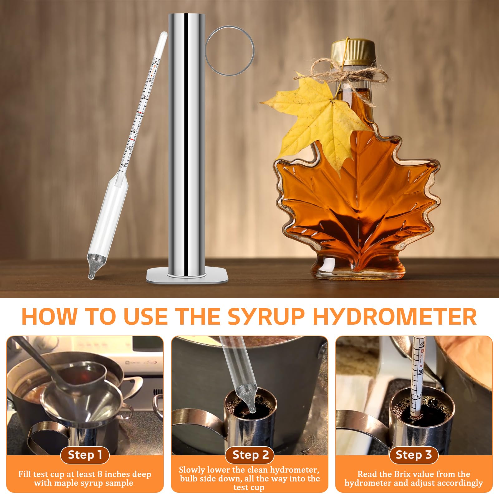 EIHFHIE Maple Syrup Hydrometer Test Cup Kit, High Accuracy Hydrometer Maple Syrup Density Kit, Baume and Brix Scale Easy to Read, Stainless Steel Test Cup with Cleaning Brush