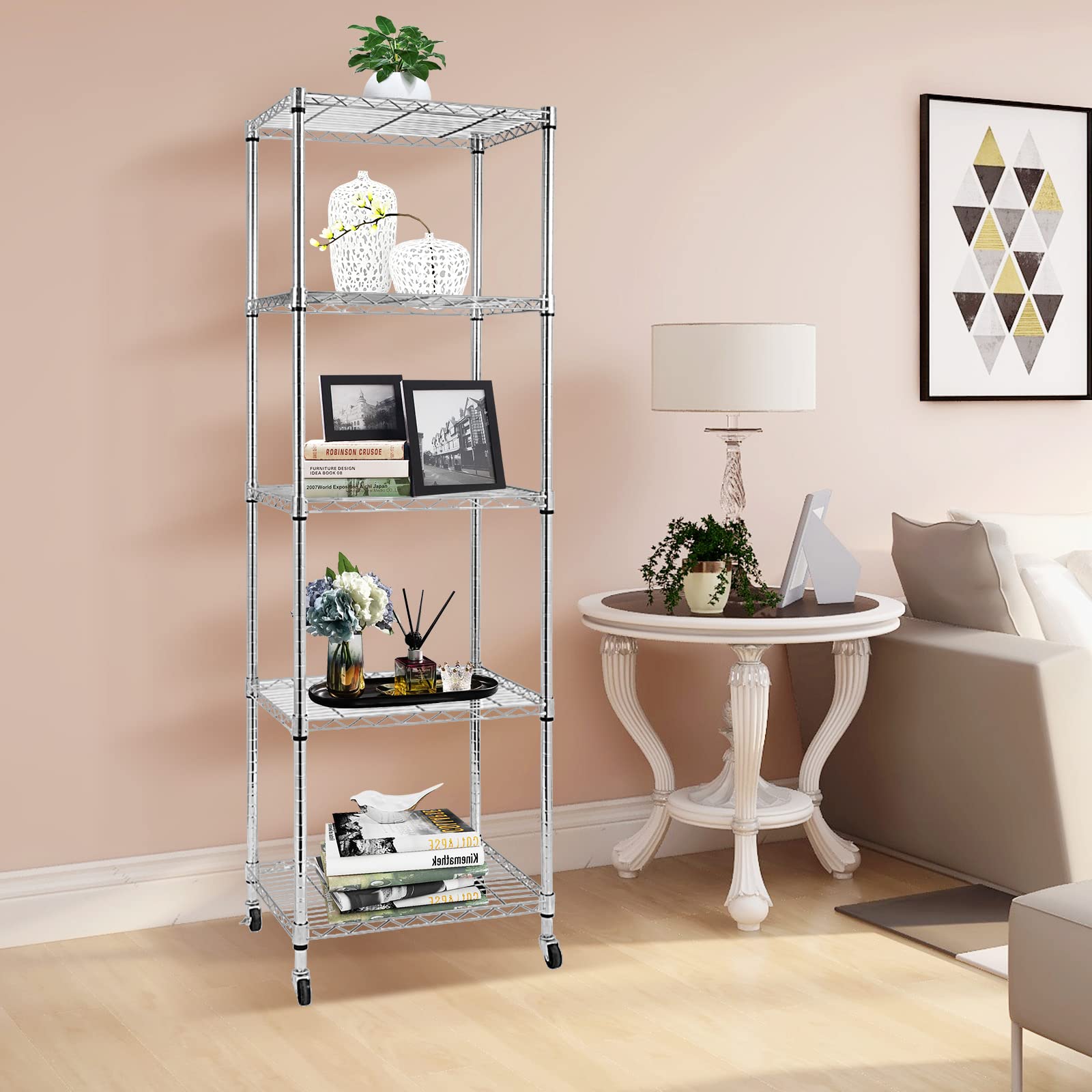 Doredo 5 Tier Narrow Wire Shelving Unit with Wheels, Adjustable Narrow Metal Shelf with NSF Certified, Narrow Storage Shelves for Laundry, Garage, Kitchen, Pantry, 18" D X 24" W X 71" H, Chrome