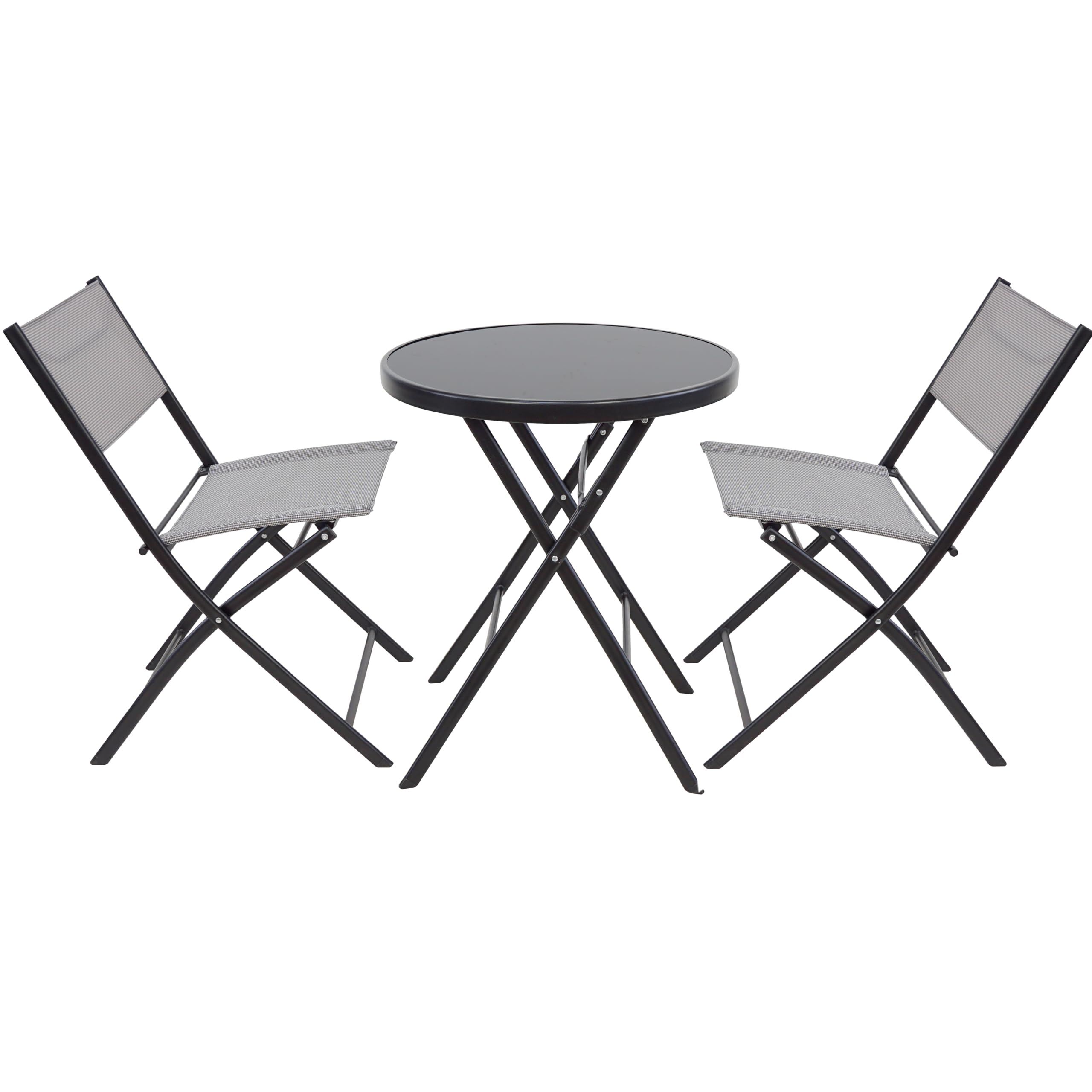 BTEXPERT 3-Piece Patio Bistro Dining Furniture Set Portable Folding Picnic Table Two Chairs Outdoor Foldable Gray for Backyard Porch Party RV Event Camping Commercial Grade Tempered Glass No Assembly