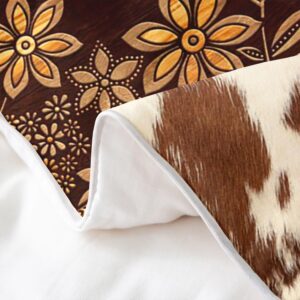 Cow Fur Print 100% Cotton Duvet Cover Brown White Cowhide Comforter Cover King Size Old Fashioned Floral Bedding Sets Southwest Western Style Bed Sets Wild Animal Hair Fur Pattern Quilt Cover,3Pcs