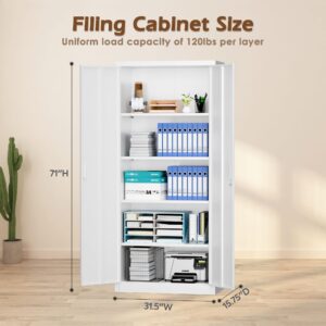 LOCENHU Metal Storage Cabinet with 2 Doors and 4 Adjustable Shelves - 71" Locking File Cabinet,Locking Tool Cabinet for Office,Home,Garage,Gym,School (White),Requires Installation