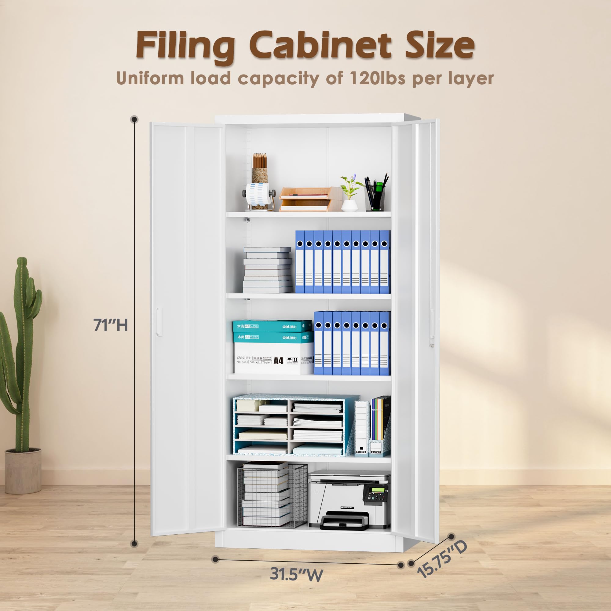 LOCENHU Metal Storage Cabinet with 2 Doors and 4 Adjustable Shelves - 71" Locking File Cabinet,Locking Tool Cabinet for Office,Home,Garage,Gym,School (White),Requires Installation