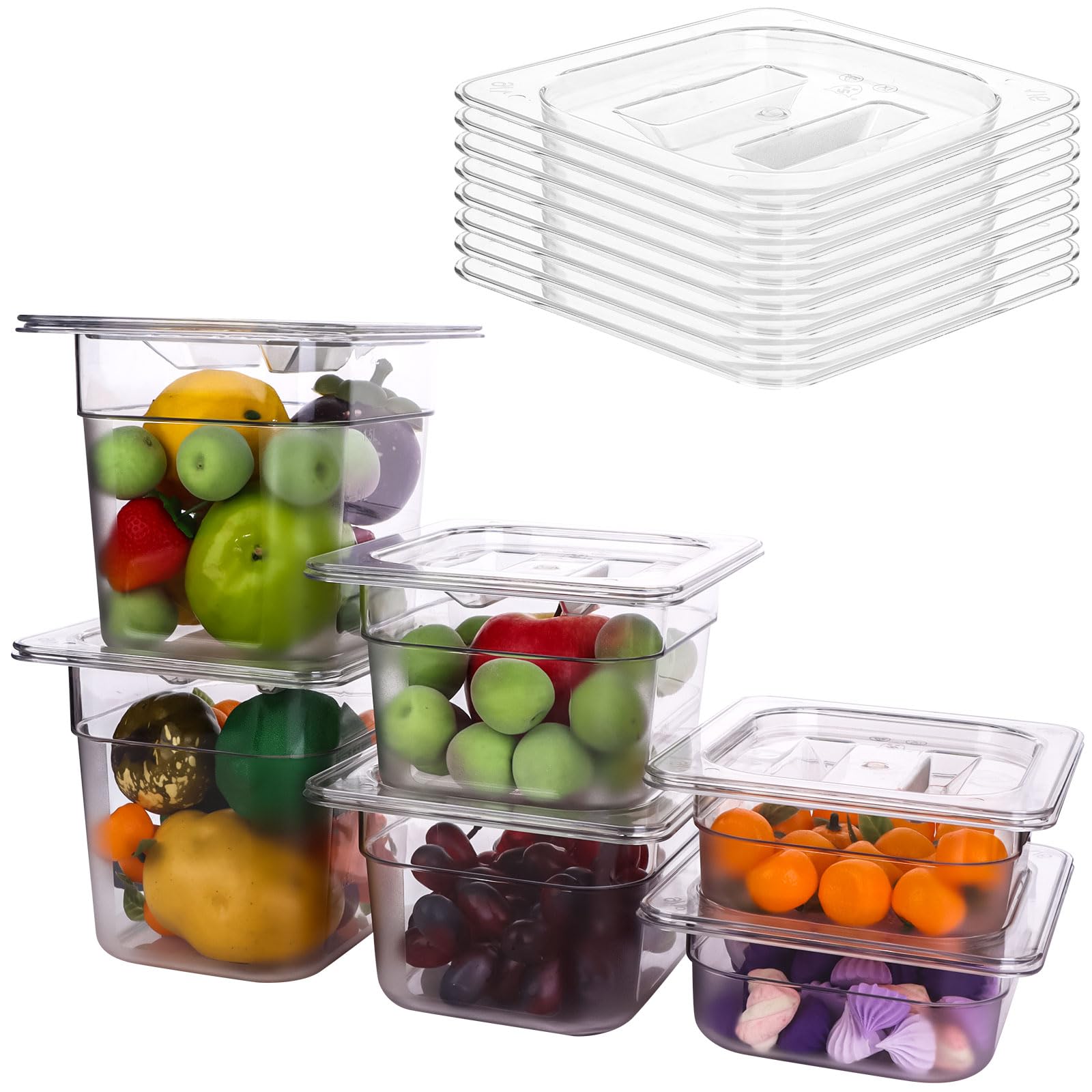 6 Pack 1/6 Size Clear Food Pans with Lids 2.5'' 4'' 6'' Deep Food Storage Containers Plastic Pan Lid with Handle Polycarbonate Universal Restaurant Commercial Hotel Pans for Food Fruits Vegetables