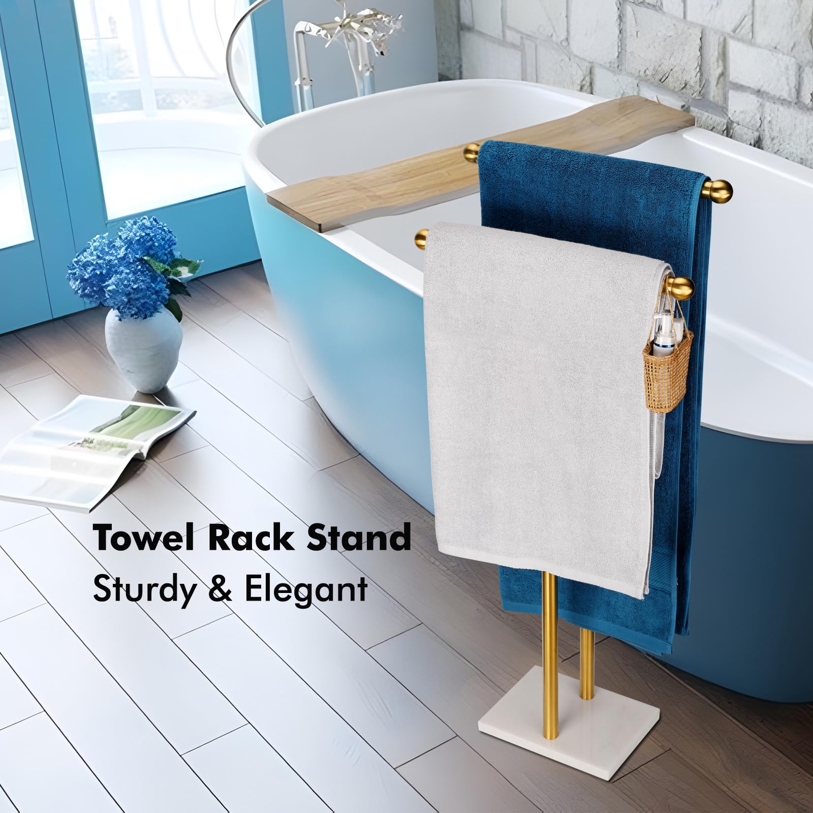 WAYDELI Standing Towel Rack Double-T Shape Tall Bath Towel Sheet Holder with Marble Design Base for Bathroom 2 Tier Towel Holder Stand Stainless Steel (Brushed Gold)