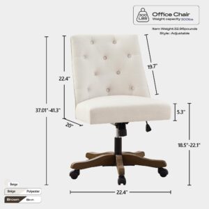 HUIMO Home Office Chair Upholstered Swivel Desk Chair with Wheels Chenille Fabric Adjustable Height Computer Chair with Wooden Legs Comfortable Armless Chair for Studio Study Home Office (Beige)