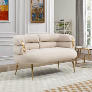 antetek modern velvet loveseat sofa, upholstered sofa chair with stylish golden decor, small comfy love seat leisure accent couch for living room, bedroom, office, beige