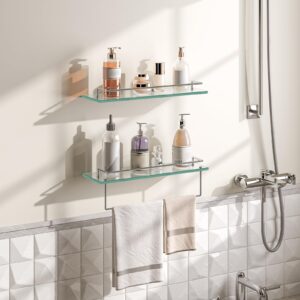 HOOBRO Glass Shelves for Bathroom, 15.7 Inch Floating Glass Shelves for Wall, Set of 2 Tempered Glass Shelf Stainless Steel Floating Shelves for Bathroom, Toilet, Room Decor, Silver SV02BJ01