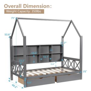 HUMEHA Twin House Bed with Roof and 2 Storage Drawers for Kids, Wooden Twin Size Bed Frame with Storage Shelves Guardrails and Wood Slats for Boys Girls, No Box Sping Required, Gray