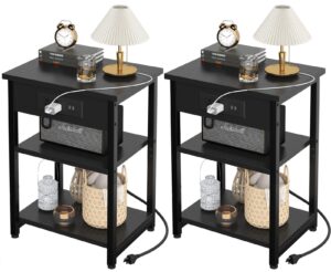 end tables set of 2 with charging station usb ports, 3 tier tall night stand with storage shelves, record player stand narrow side table for small space living room bedroom office, easy assembly,black