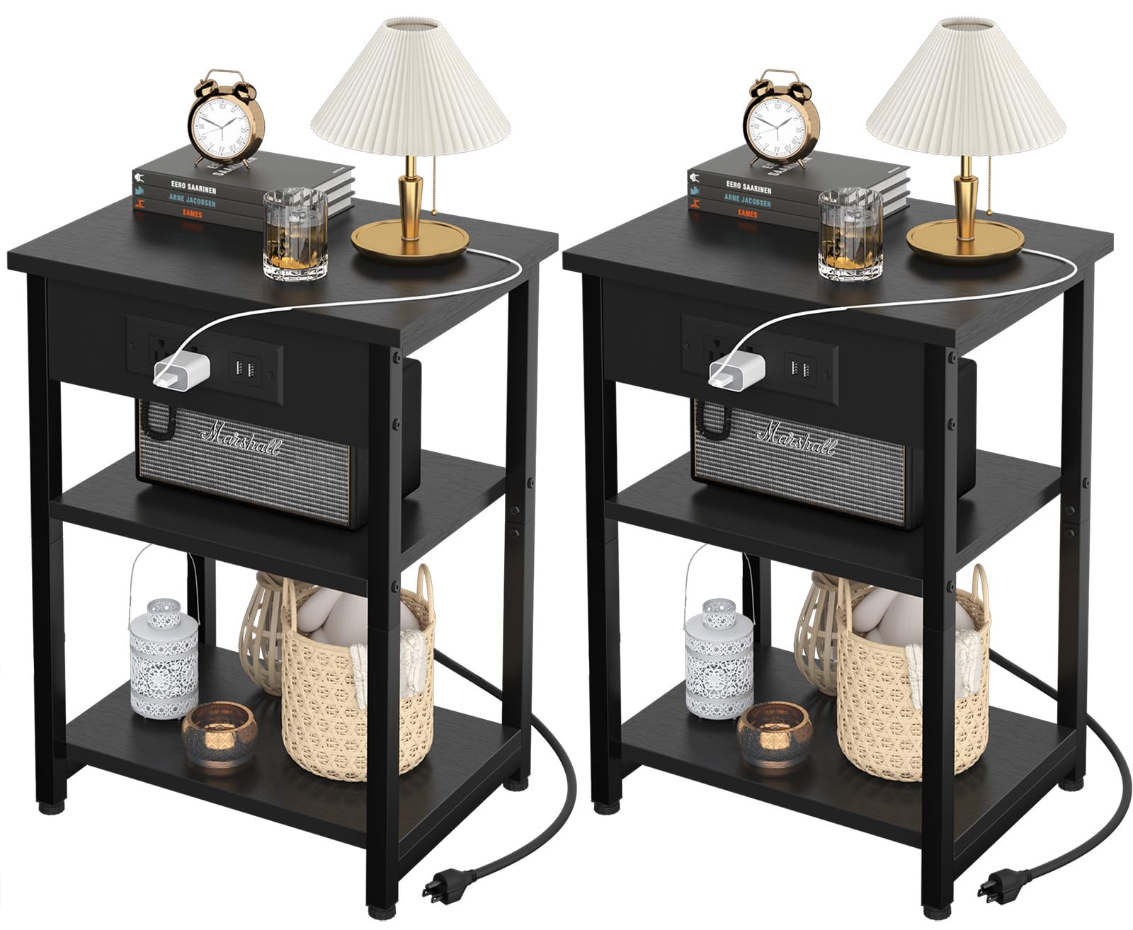 End Tables Set of 2 with Charging Station USB Ports, 3 Tier Tall Night Stand with Storage Shelves, Record Player Stand Narrow Side Table for Small Space Living Room Bedroom Office, Easy Assembly,Black