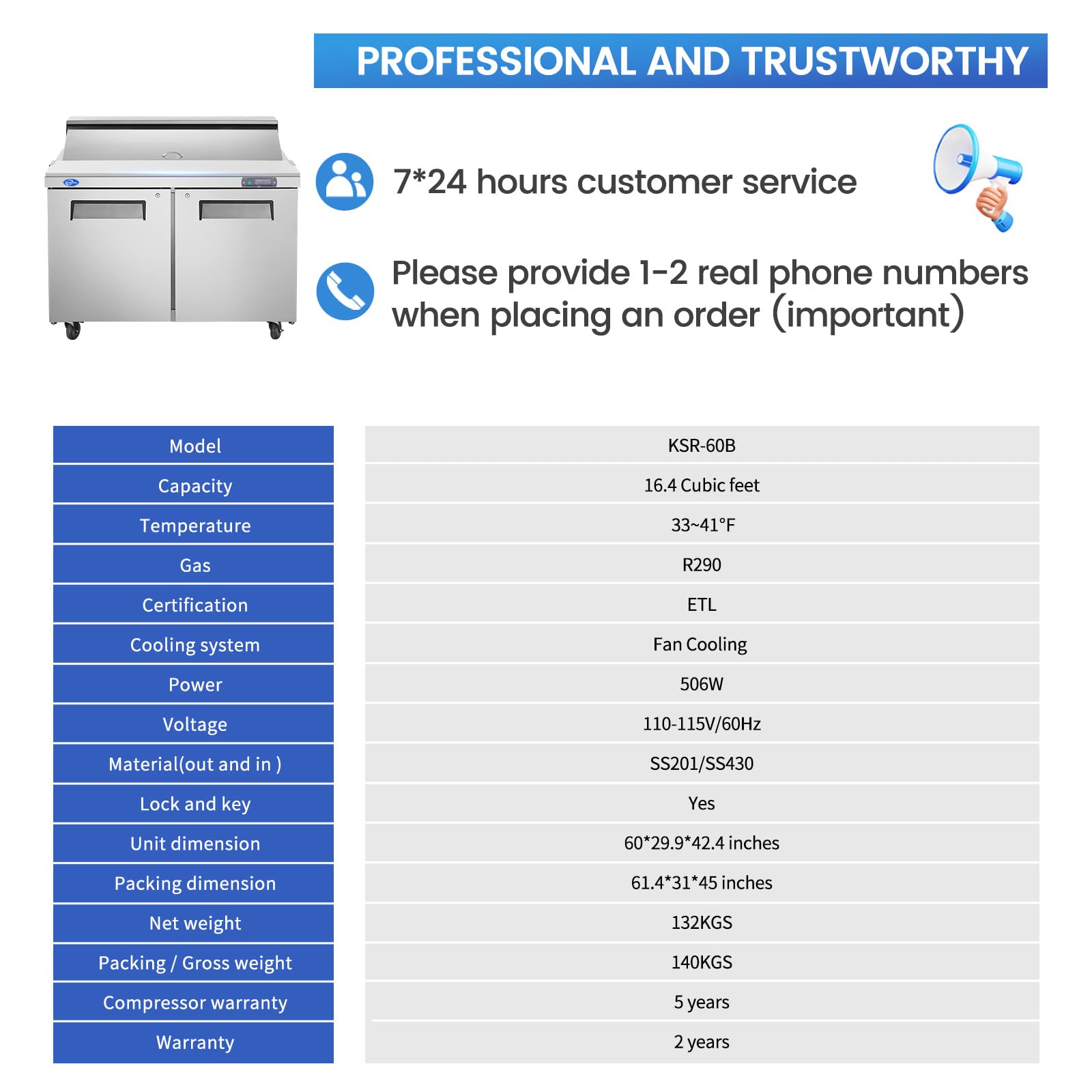 60" W 2 Door Refrigerator Sandwich Salad Prep Table Commercial Stainless Steel Fan Cooling Refrigerator with Cutting Board, 2 Shelves & 16 Pans for Restaurant, Bar, Shop-16.4 Cu.ft