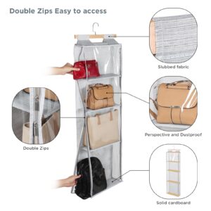 Syeeiex Hanging Handbag Purse Organizer with Zippers, Clear Slubbed Fabric+PVC Hanging Closet Bag Organizer, 4 Mesh Shelves,Dustproof Handbag Closet Tote Storage Bag for Door, Wardrobe, Shelf Rack