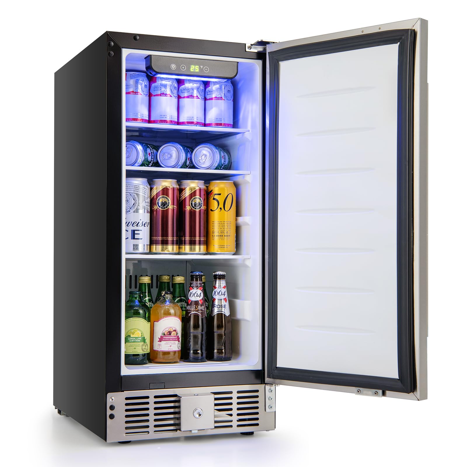 KOTEK 115 Cans Beverage Refrigerator, 32 to 50℉, Under Counter Freestanding Beverage Cooler w/Lockable Stainless Steel Door for Drinks and Food, 2.9 Cu.ft, Mini Beer Fridge for Bedroom, Dorm, Home