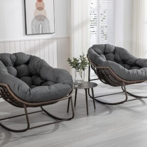 Patio Outdoor Rocking Chair Set of 2, Indoor Rattan Rocker Egg Chair, Comfy Oversized Papasan Chair with Thicker Cushion for Patio, Front Porch, Backyard, Garden, Balcony, Lounge, Living Room, Grey