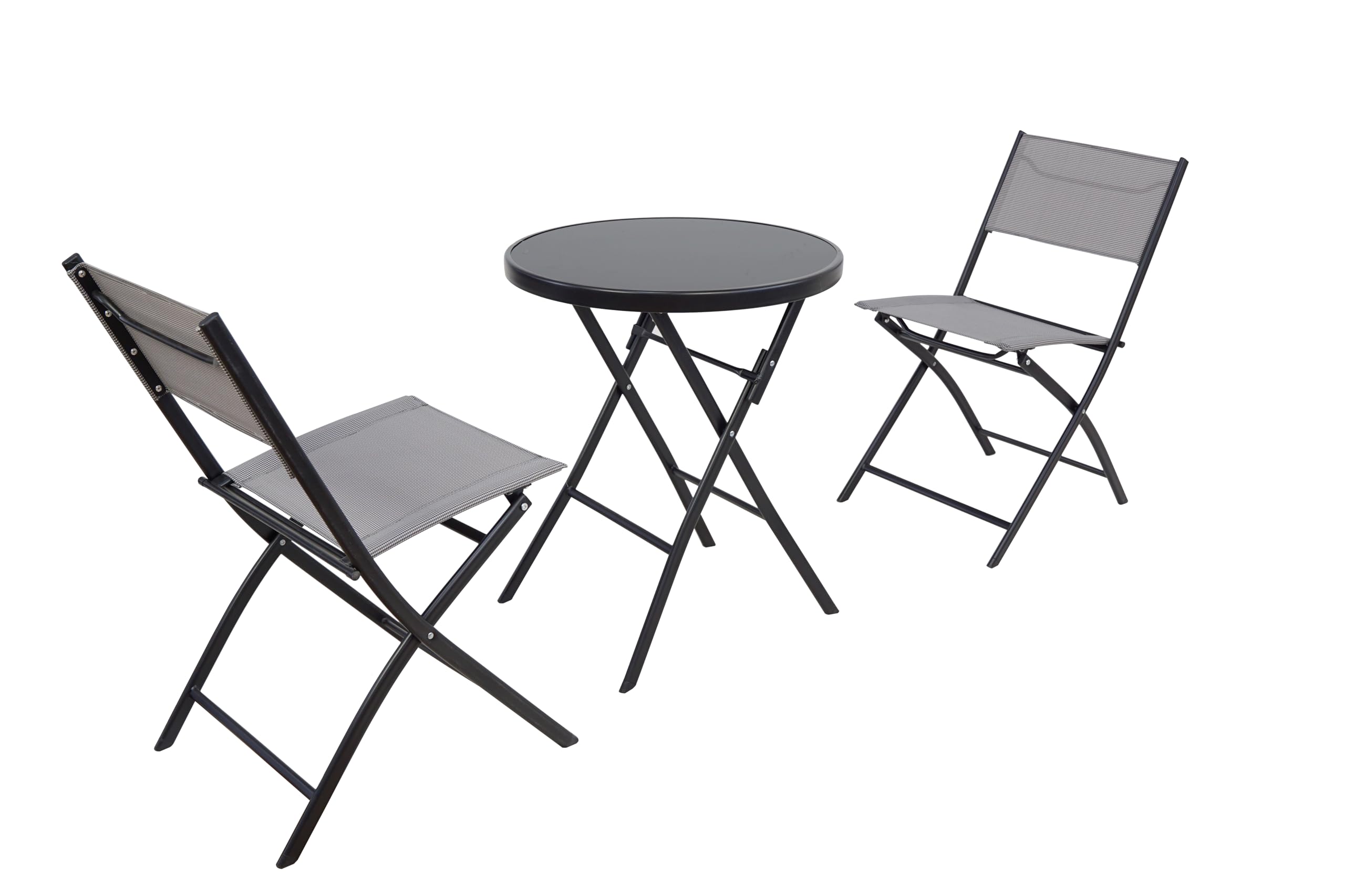 BTEXPERT 3-Piece Patio Bistro Dining Furniture Set Portable Folding Picnic Table Two Chairs Outdoor Foldable Gray for Backyard Porch Party RV Event Camping Commercial Grade Tempered Glass No Assembly