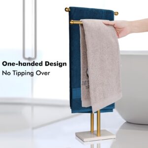 WAYDELI Standing Towel Rack Double-T Shape Tall Bath Towel Sheet Holder with Marble Design Base for Bathroom 2 Tier Towel Holder Stand Stainless Steel (Brushed Gold)