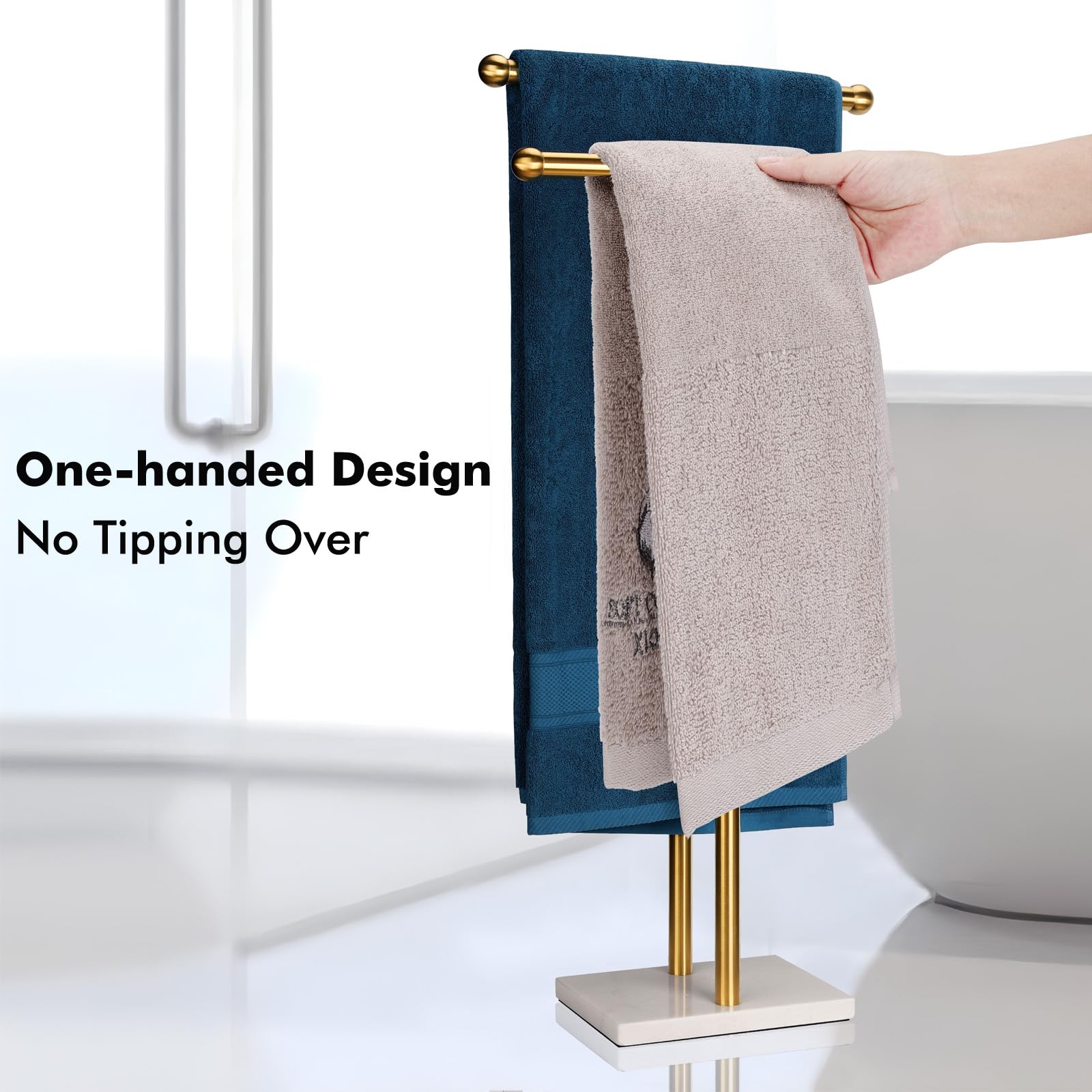 WAYDELI Standing Towel Rack Double-T Shape Tall Bath Towel Sheet Holder with Marble Design Base for Bathroom 2 Tier Towel Holder Stand Stainless Steel (Brushed Gold)