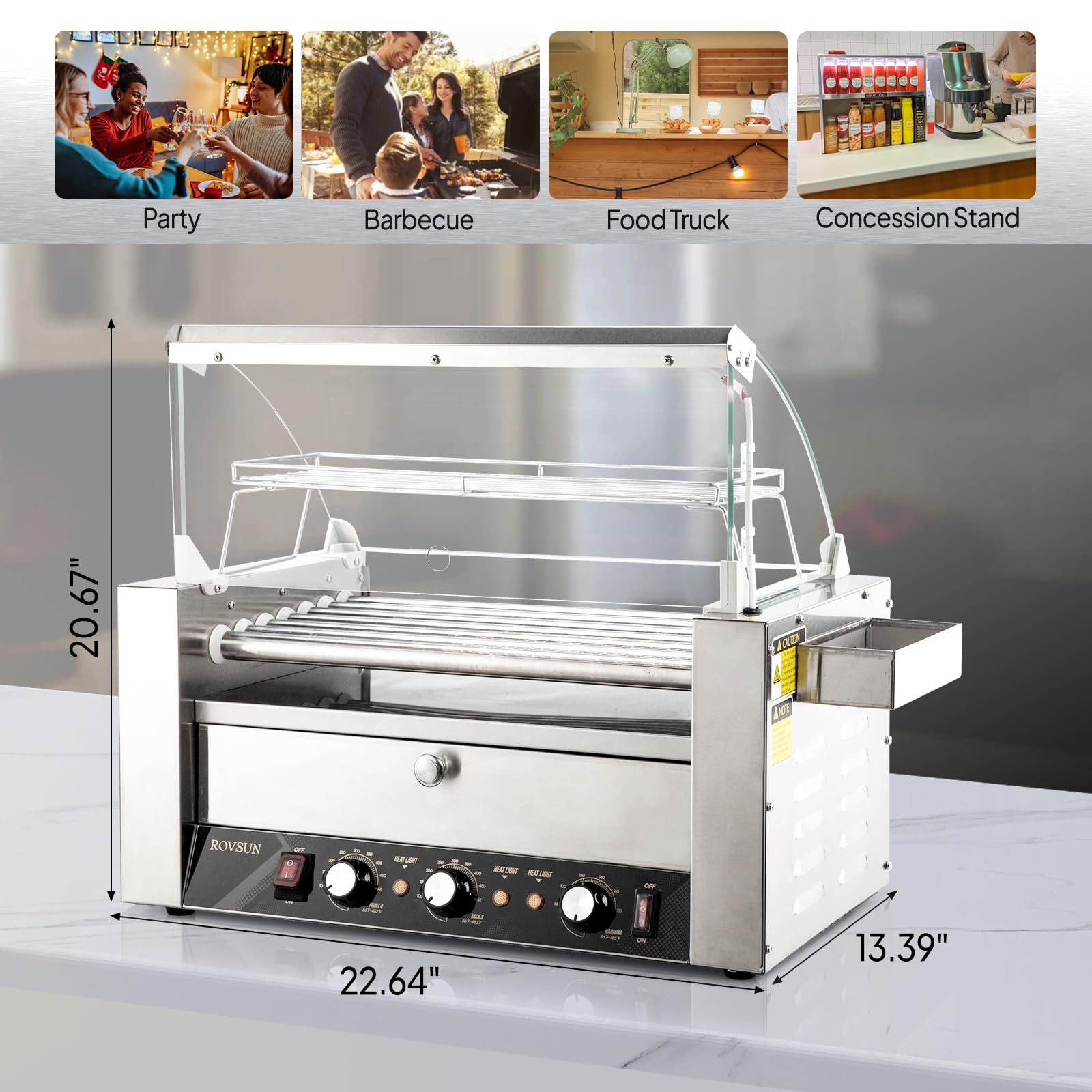 ROVSUN Hot Dog Roller Warmer ETL Certified, 7 Rollers 18 Hot Dog Roller Grill Cooker Machine w/Bun Warmer, Cover, Dual Temp Control, LED, Removable Shelf & Drip Tray for Party Home Commercial 1200W