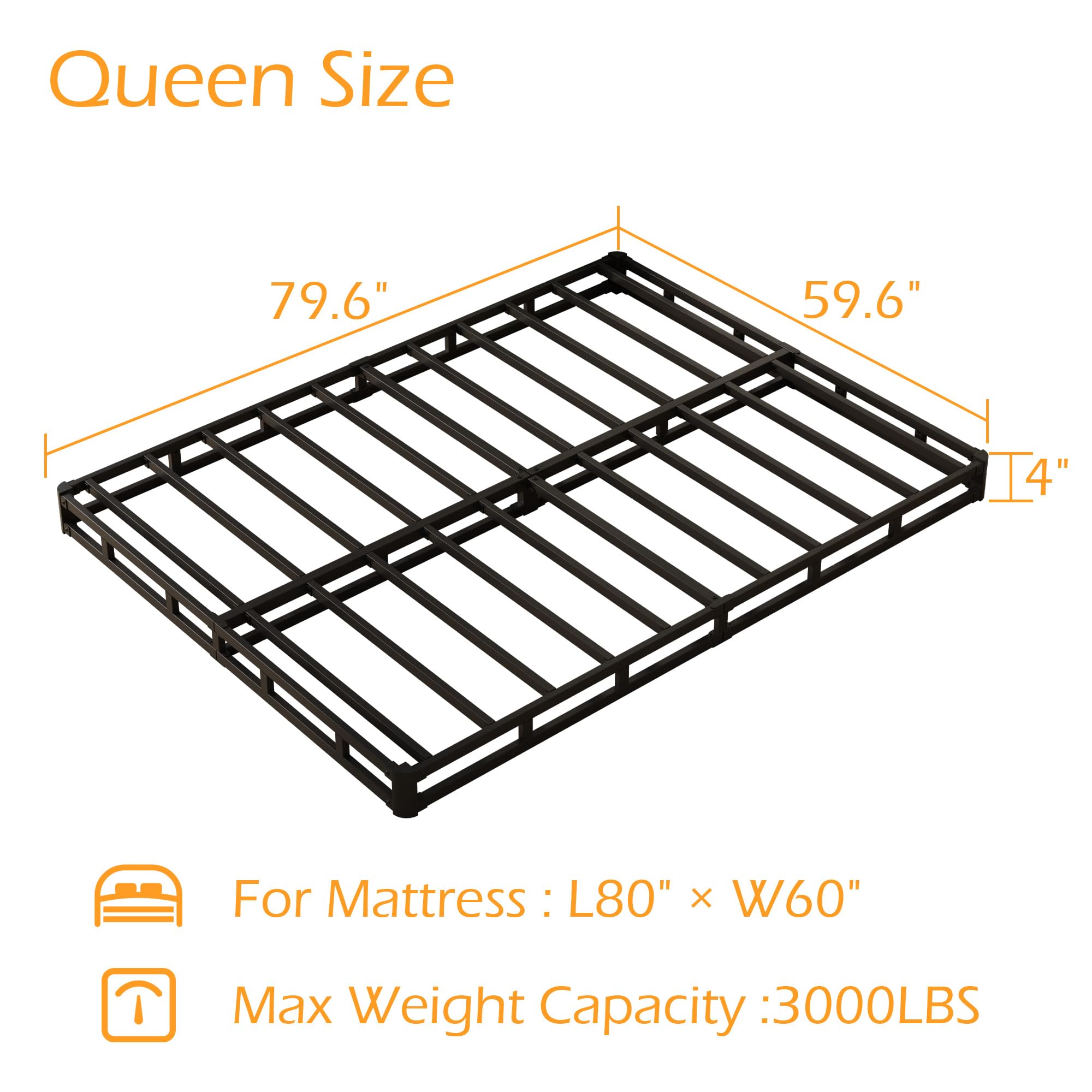 Maenizi Queen Box Spring 4 Inch Low Profile, Heavy Duty Metal Box Spring Bed Base with Fabric Cover, Mattress Foundation, Easy Assembly, Noise Free, Black