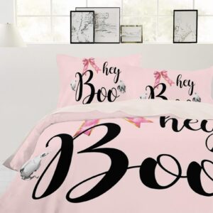 Halloween Duvet Cover Queen Size, Hey Boo Ghost Pink Bow Knot Comforter Cover with Zipper Closure, 3 Piece Bedding Sets 1 Duvet Cover 90x92 Inches and 2 Pillow Shams