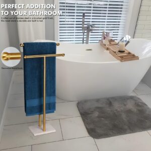 WAYDELI Standing Towel Rack Double-T Shape Tall Bath Towel Sheet Holder with Marble Design Base for Bathroom 2 Tier Towel Holder Stand Stainless Steel (Brushed Gold)