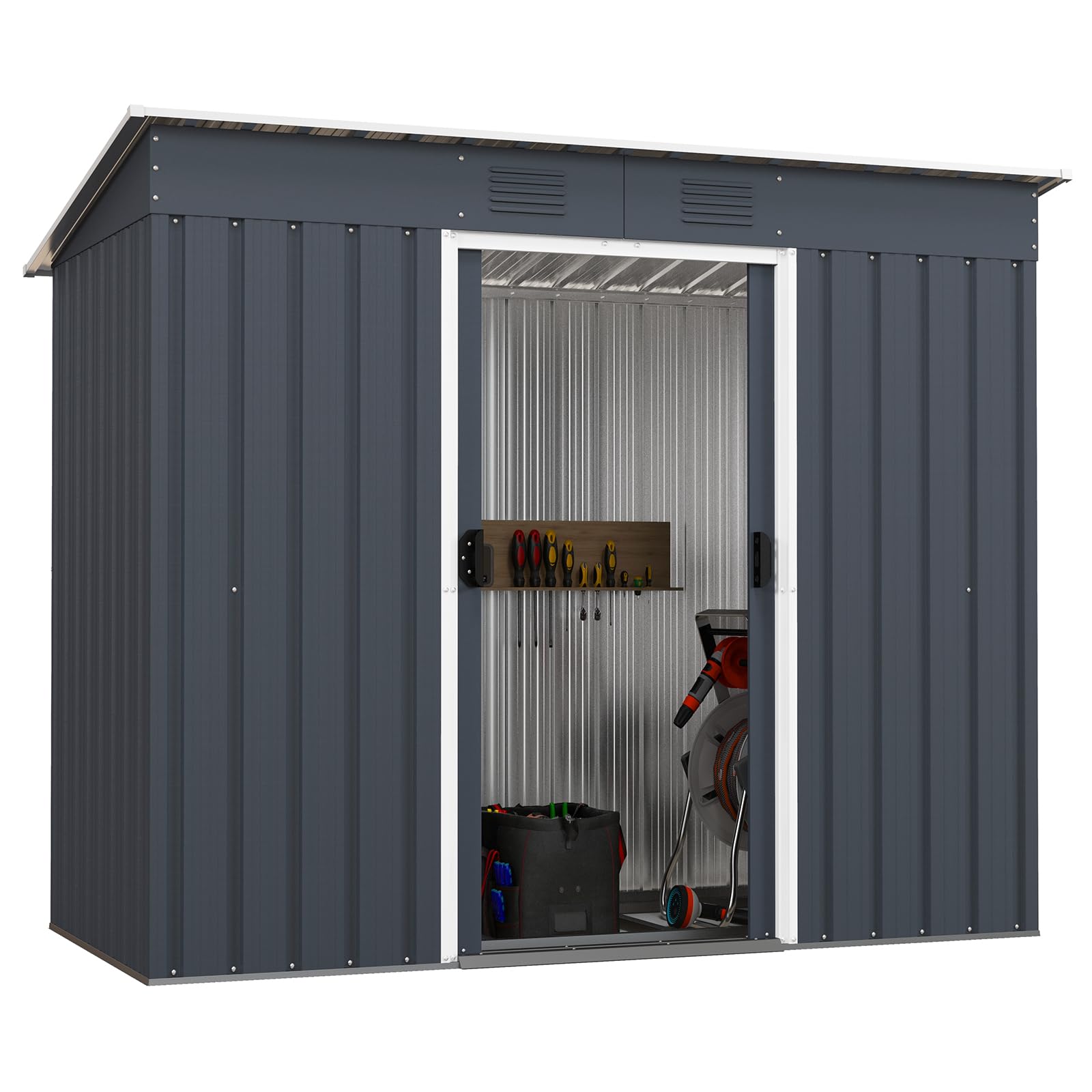 Goplus Outdoor Storage Shed with Floor Foundation, 3.2 FT x 6.7 FT Weather-Resistant Metal Tool Shed w/Air Vents & Lockable Door, Garden Sheds & Outdoor Storage for Outside Backyard, Patio, Lawn