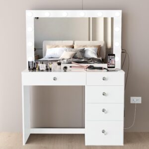 Boahaus Alana White Makeup Vanity Desk with Lights, 5 Drawers, Glass Top, USB Ports