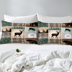 Retro Cabin Comforter Cover, Pine Tree Buffalo Plaid Duvet Cover Bear Deer Elk Bedding Set, Forest Wildlife Woodland Animals Quilt Cover Hunting Lodge Country Rustic Farmhouse Bedroom Decor, Twin