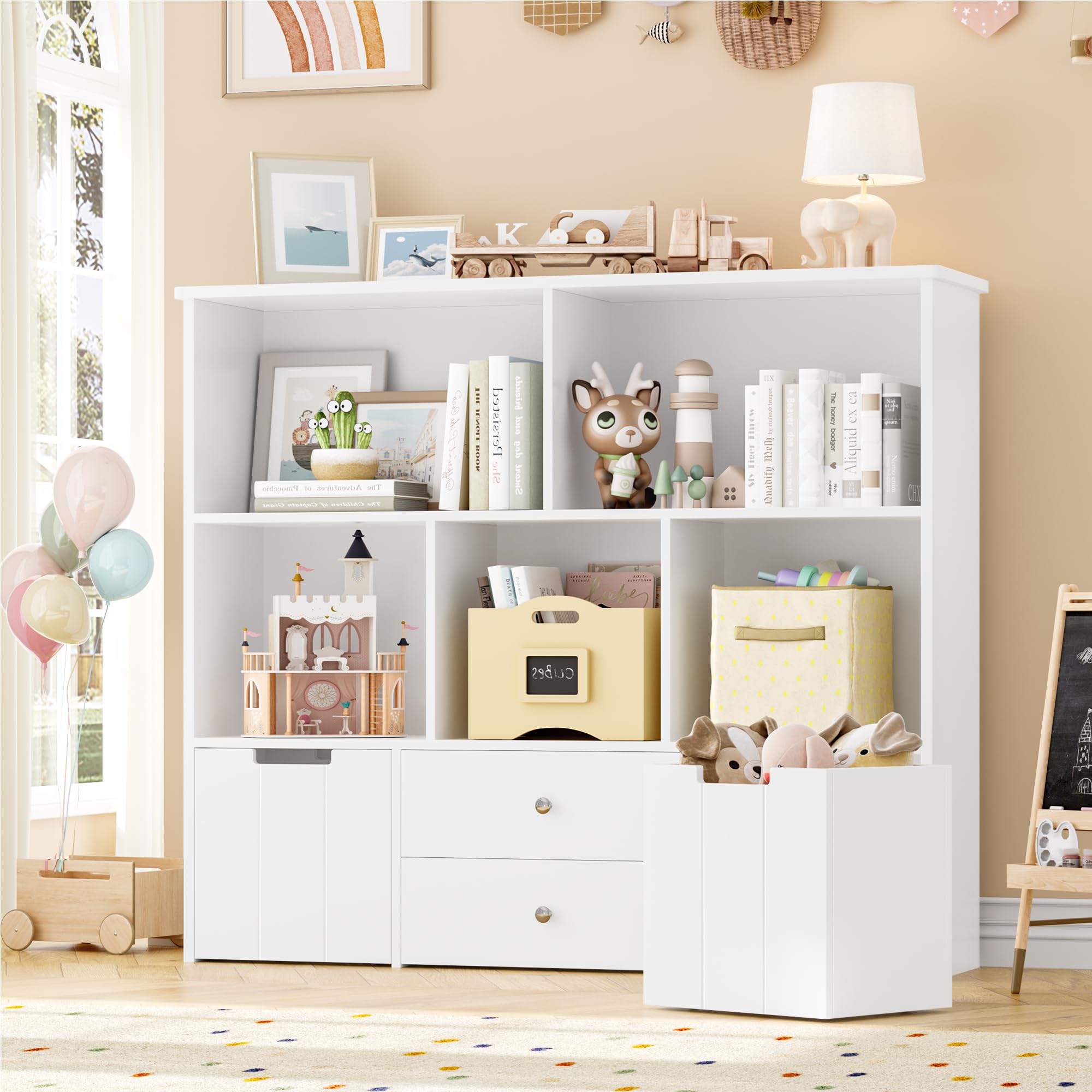 FOTOSOK Toy Storage Organizer with 4 Drawers, Toy Organizers and Storage with Concealed Wheels and 5 Storage Cubbies, Multifunctional Storage Chest Storage Organization, Playroom Furniture, White